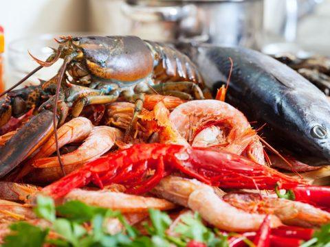 Bandeja de marisco gallego con bogavante y gambas junto a pescado fresco